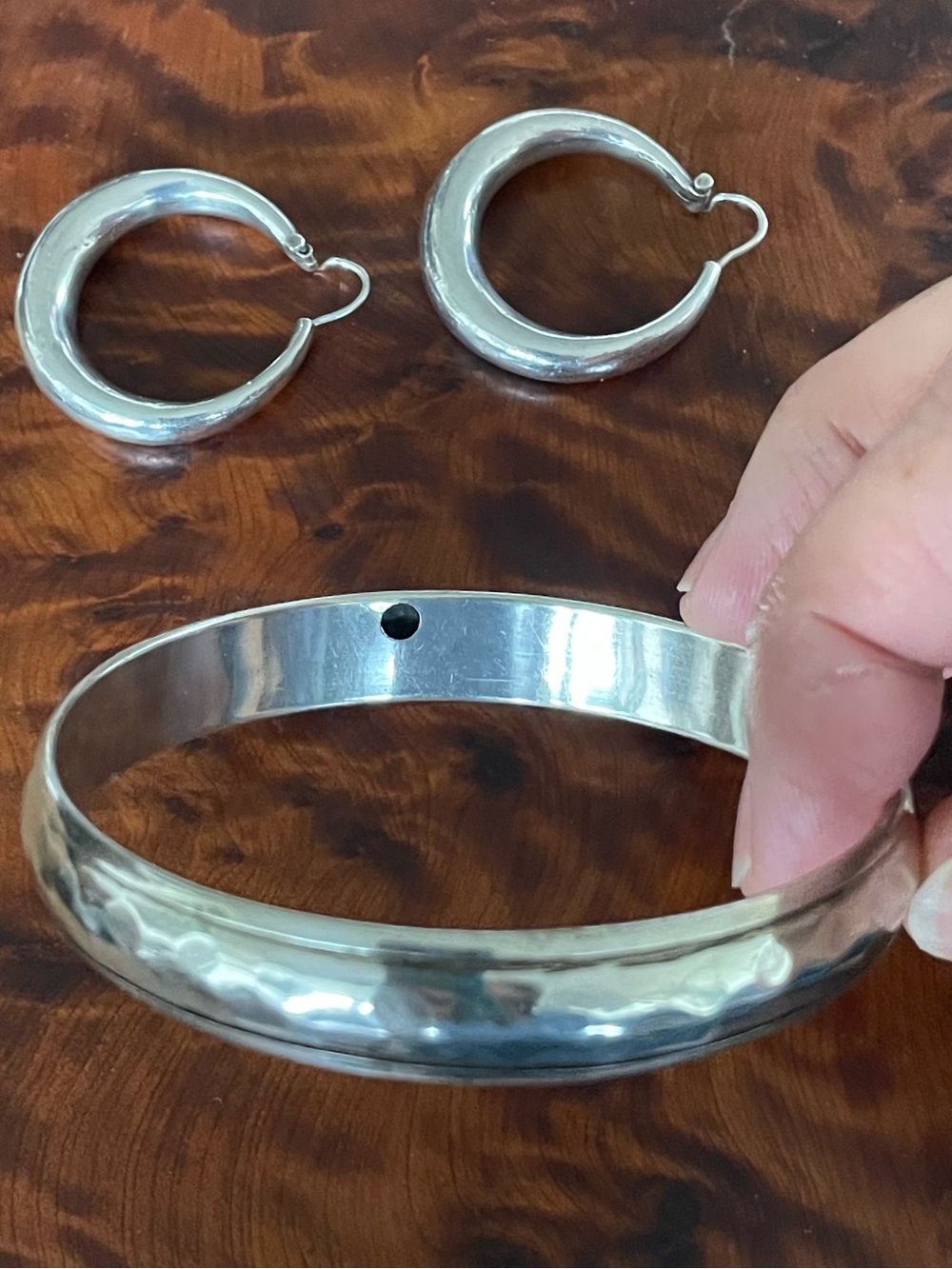 Artisan Unmarked Sterling Silver? Hoop Earrings & Hammered Bangle Bracelet Set
